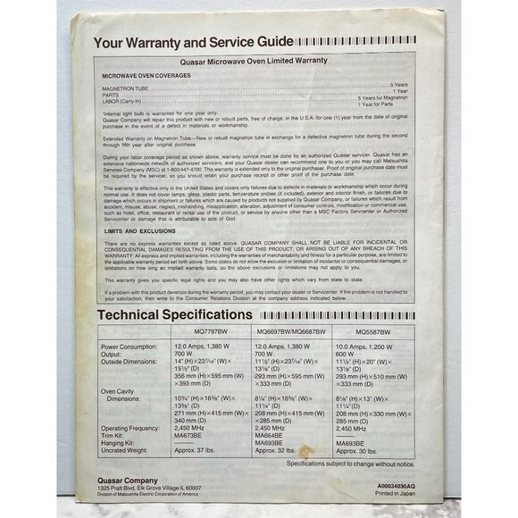 Quasar Microwave Owners Manual MQ7797BW MQ6697BW MQ6687BW MQ5587BU Vintage 1987 - Picture 4 of 6